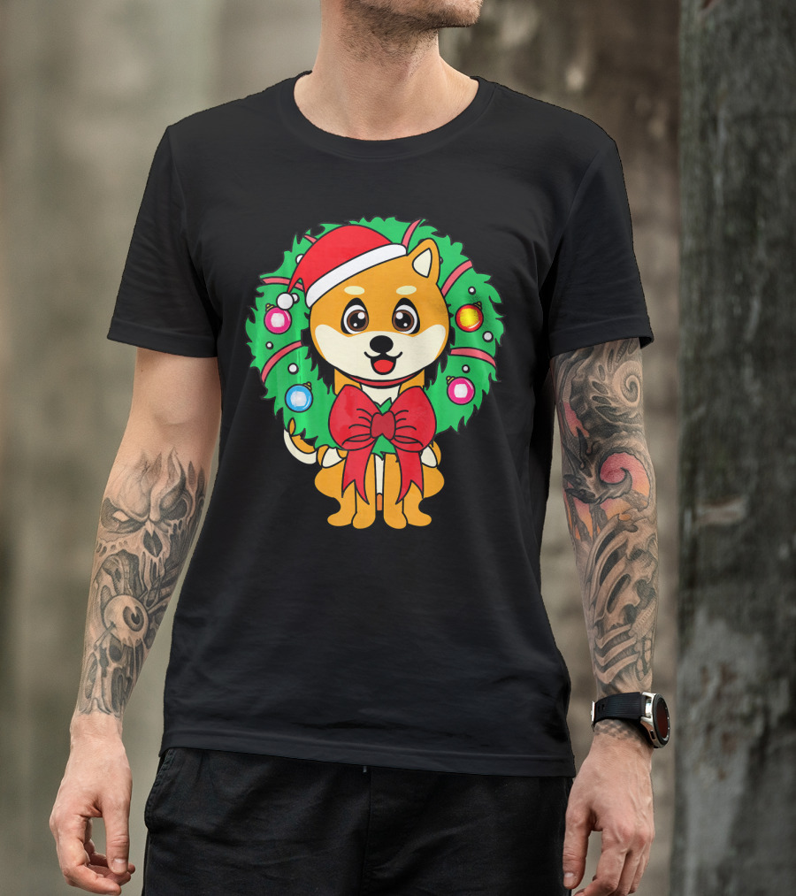 Akita In Santa Hat With Christmas Wreath T-Shirt