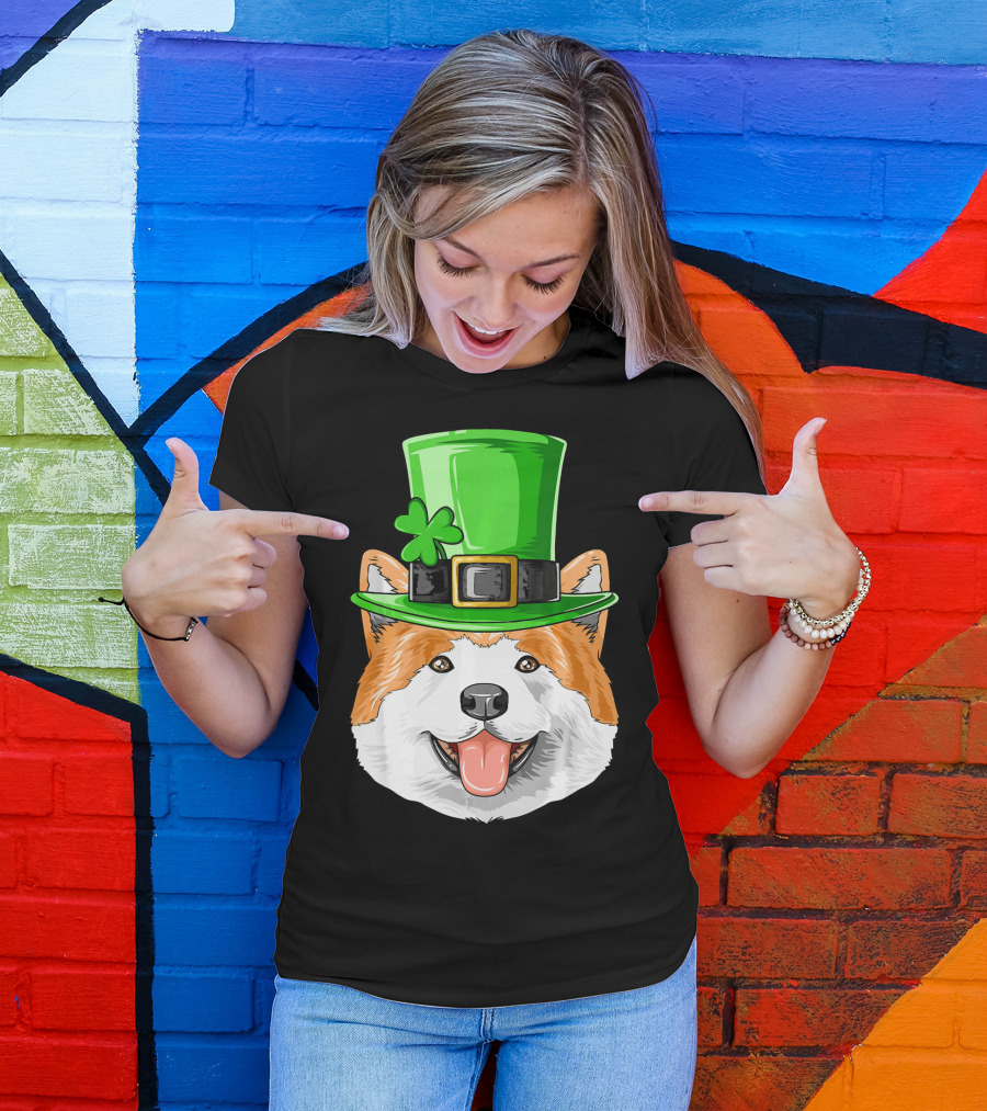 Akita Dog With St. Patrick's Day Irish Leprechaun Hat And Shamrock T-Shirt
