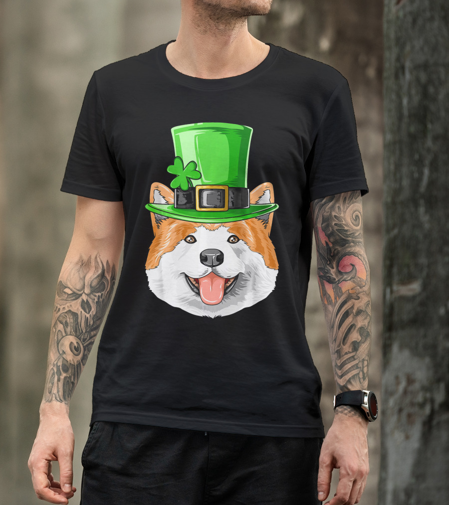 Akita Dog With St. Patrick's Day Irish Leprechaun Hat And Shamrock T-Shirt