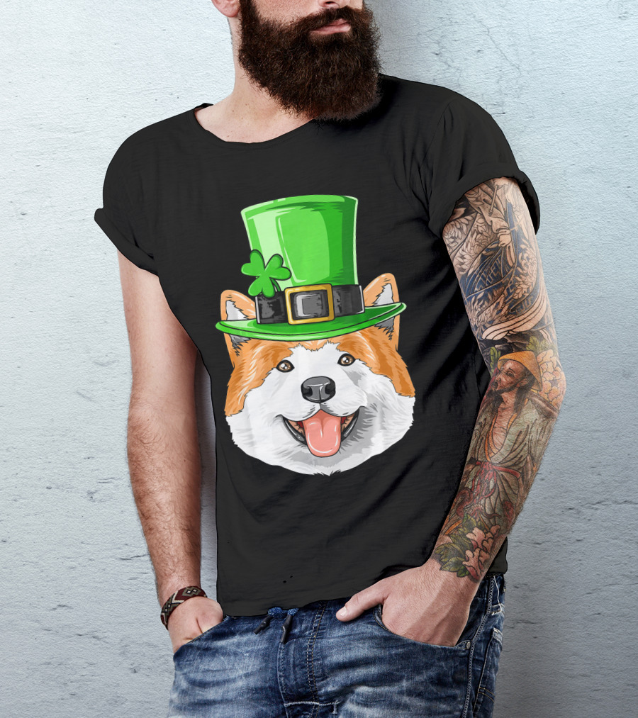 Akita Dog With St. Patrick's Day Irish Leprechaun Hat And Shamrock T-Shirt
