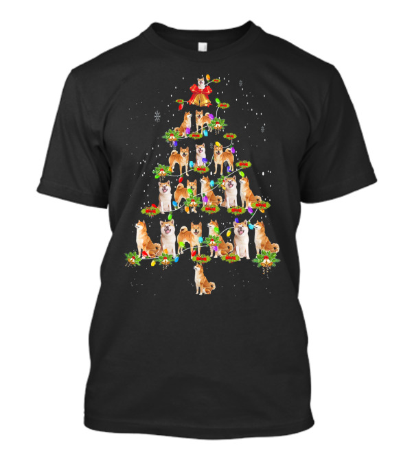 Cute Akita Dog Christmas Tree With Decorative Lights And Snowflakes T-Shirt