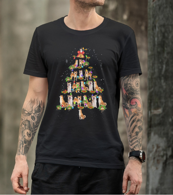 Cute Akita Dog Christmas Tree With Decorative Lights And Snowflakes T-Shirt