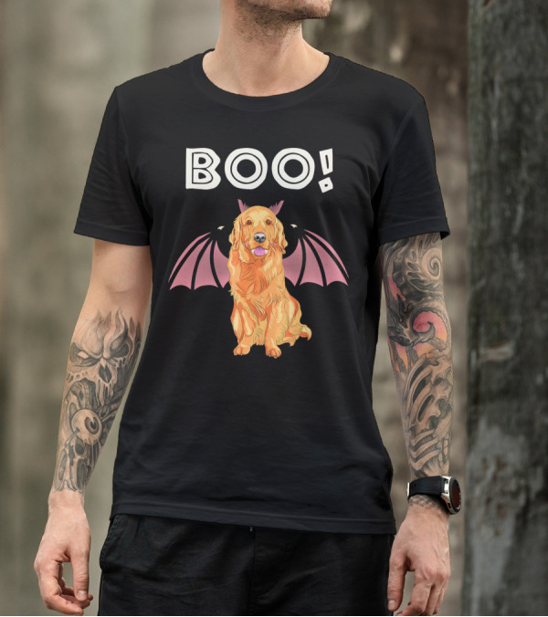 BOO Golden Retriever With Bat Wings Halloween Concept T-Shirt