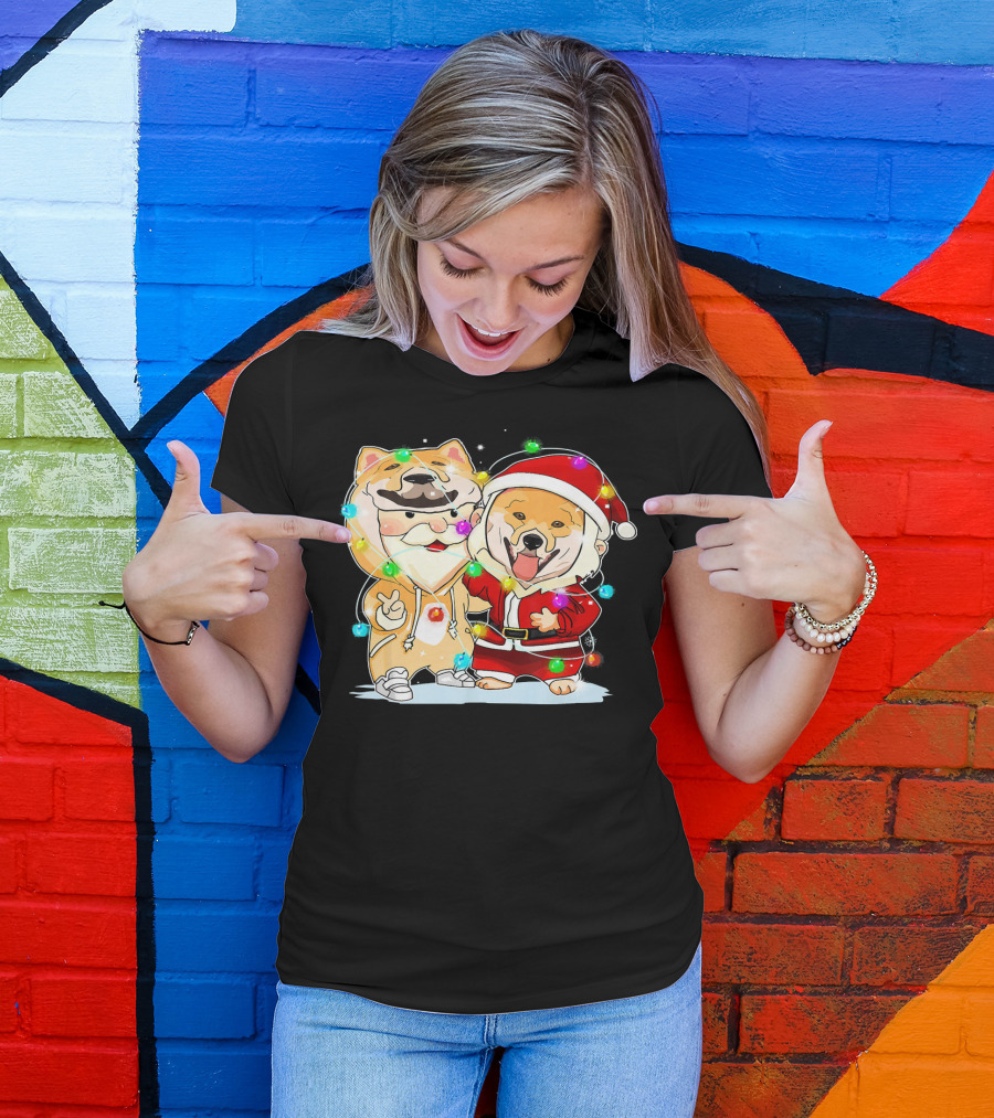 Funny Akita Christmas Lights And Santa Suit Duo T-Shirt