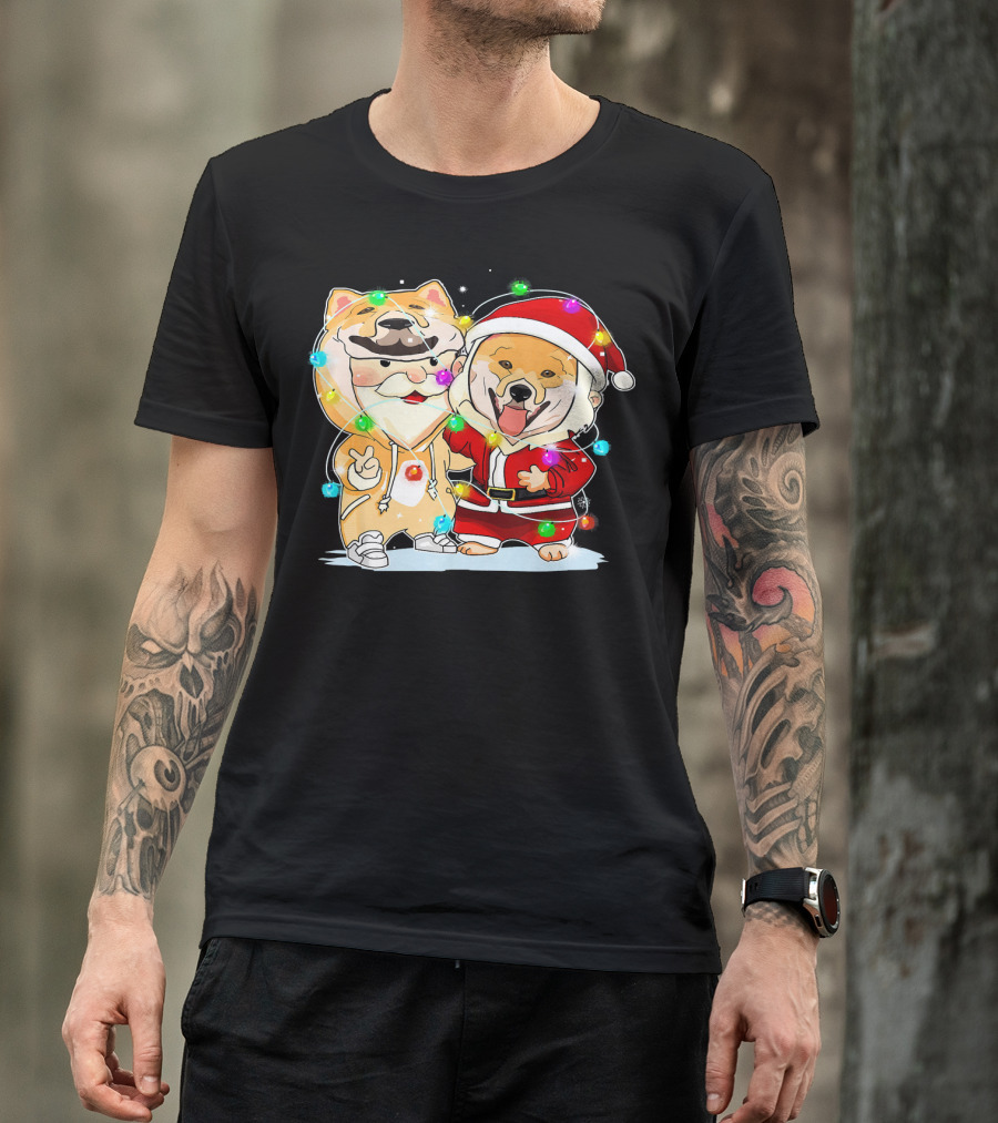 Funny Akita Christmas Lights And Santa Suit Duo T-Shirt