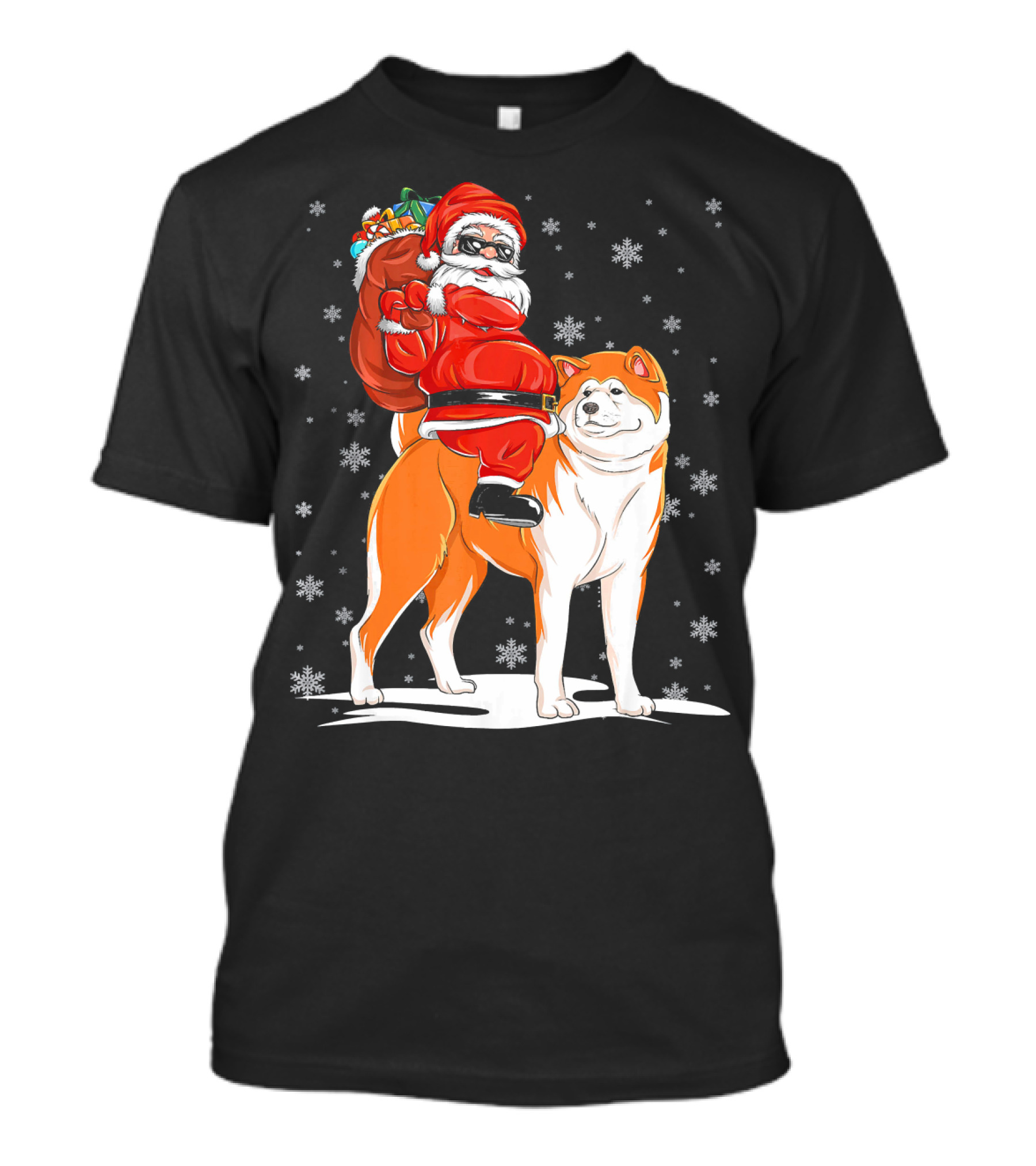 Santa Claus Riding Akita With Snowflakes And Gift Sack T-Shirt