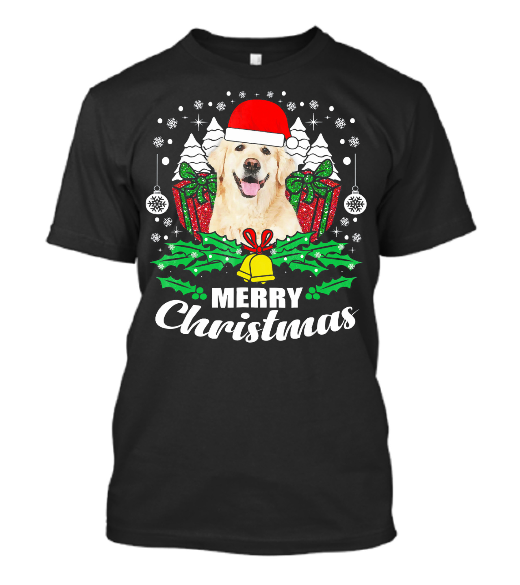 Merry Christmas Golden Retriever With Santa Hat And Holiday Decorations T-Shirt