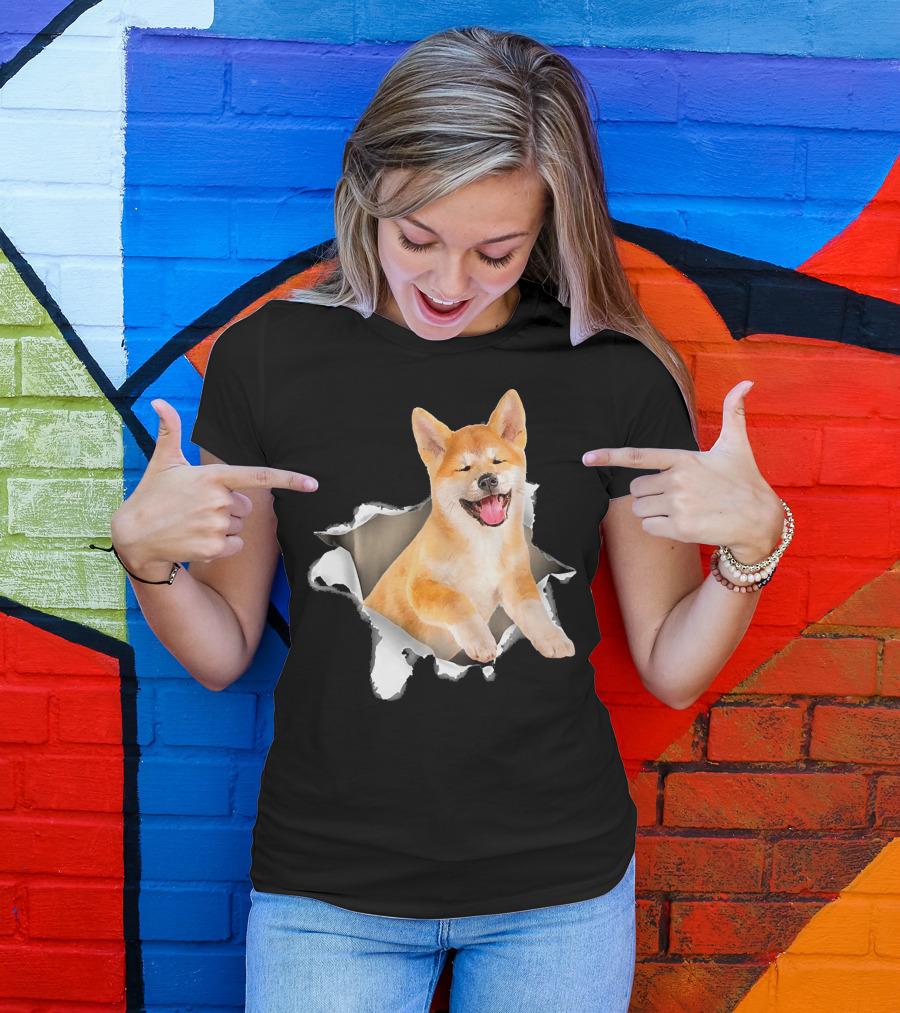 Akita Dog Torn Hole Mid Inside Torn Dog T-Shirt