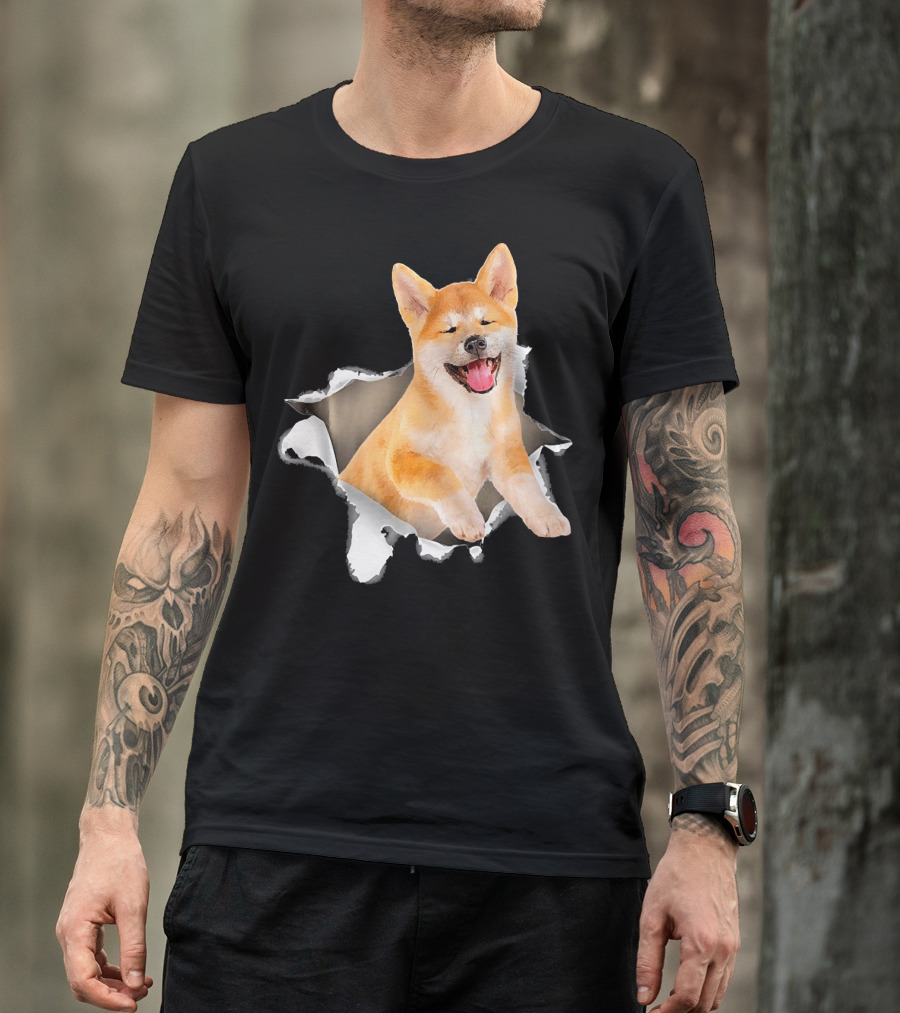 Akita Dog Torn Hole Mid Inside Torn Dog T-Shirt