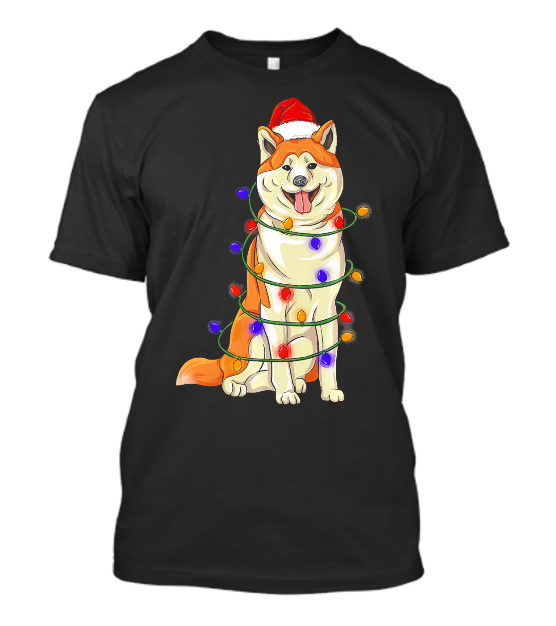 Akita Wrapped In Christmas Lights With Santa Hat T-Shirt