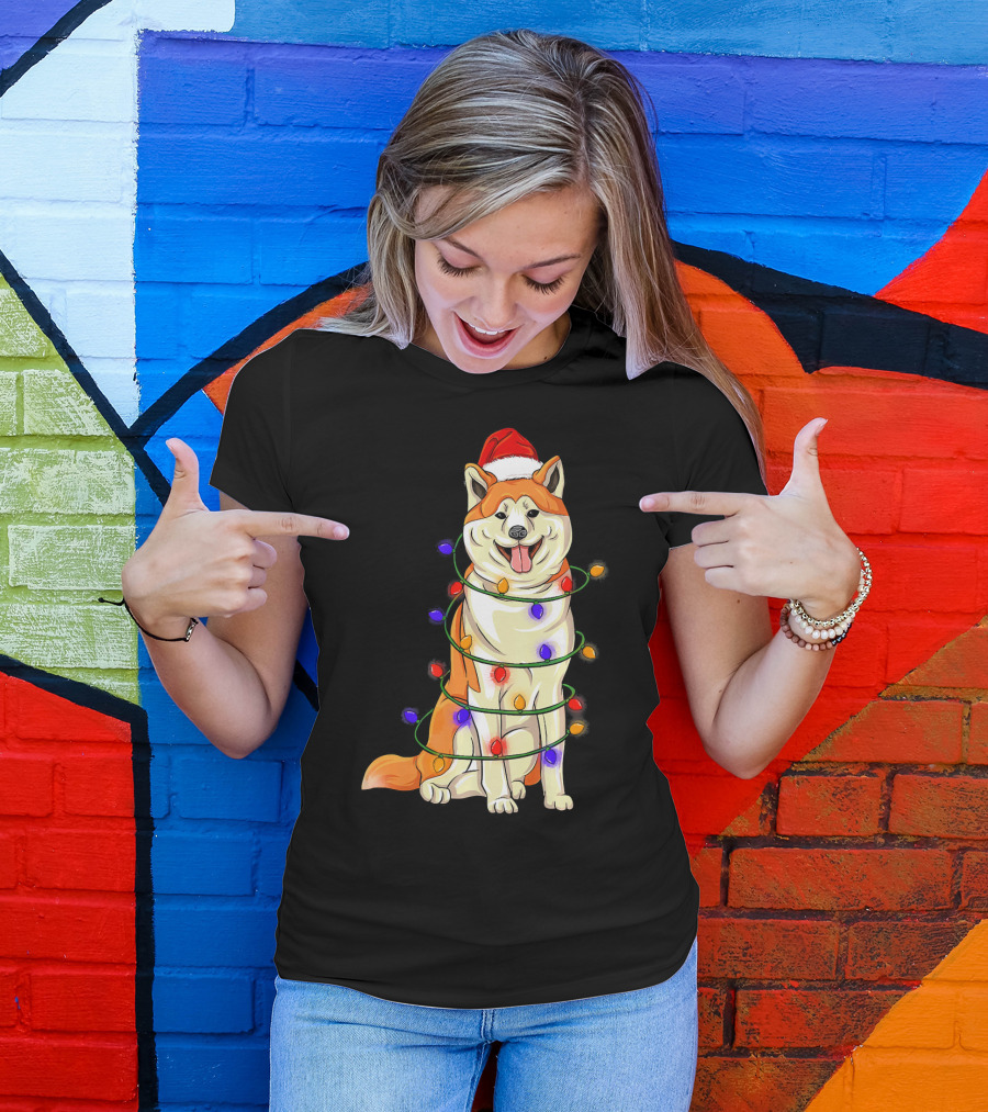 Akita Wrapped In Christmas Lights With Santa Hat T-Shirt