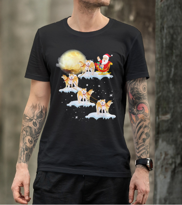 Santa Sleigh With Akita Inu Dogs In Christmas Night Sky T-Shirt