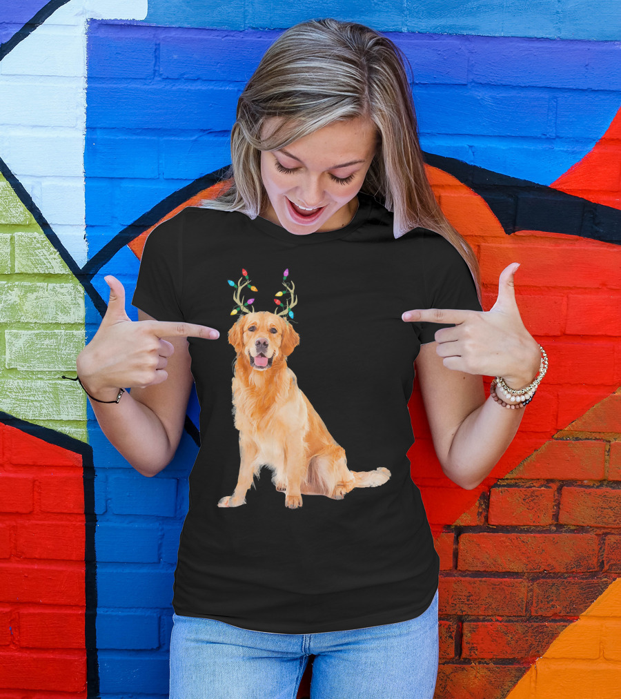 Golden Retriever Christmas Dog With Reindeer Antlers And Lights T-Shirt