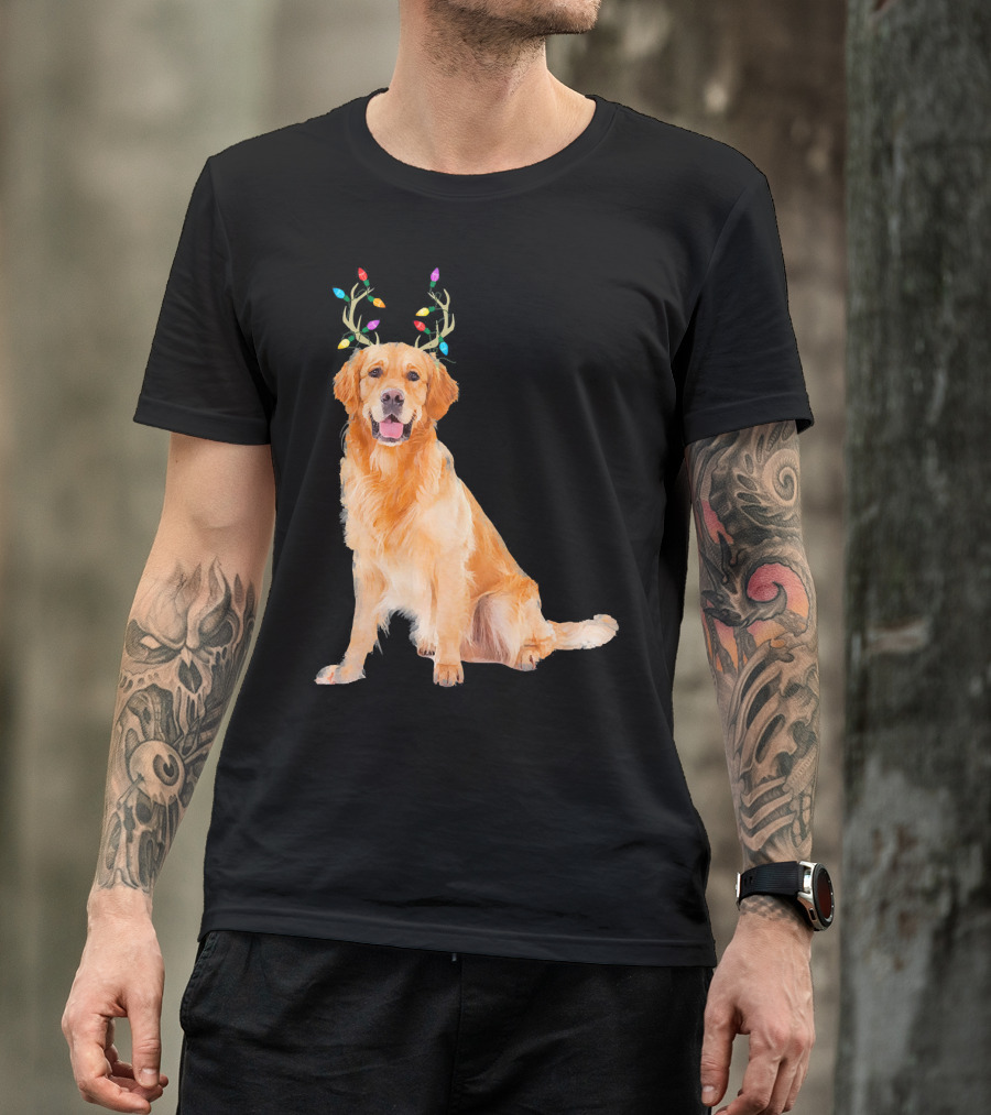 Golden Retriever Christmas Dog With Reindeer Antlers And Lights T-Shirt