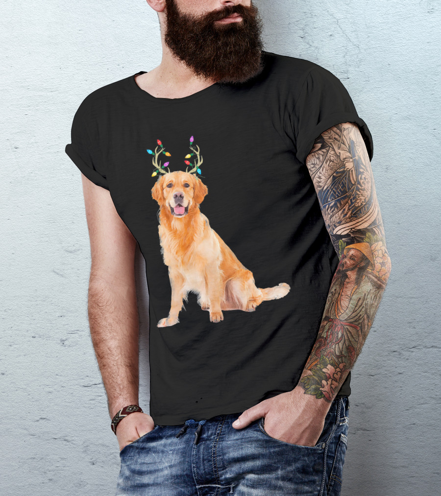 Golden Retriever Christmas Dog With Reindeer Antlers And Lights T-Shirt