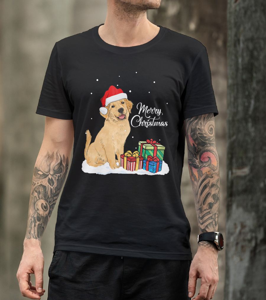 Merry Christmas Cute Golden Retriever With Santa Hat And Presents T-Shirt
