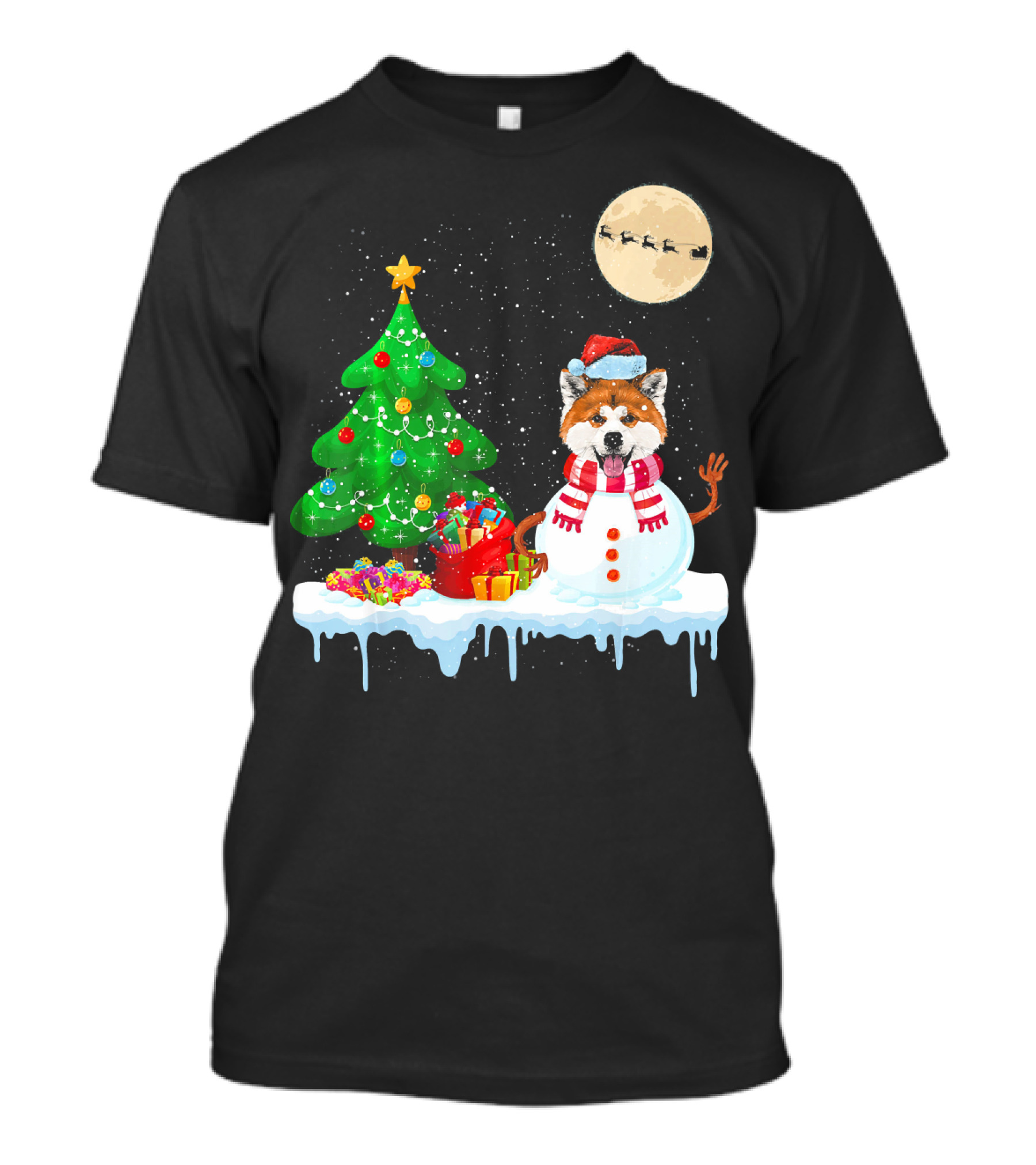 Akita Snowman With Christmas Tree And Santa's Sleigh T-Shirt