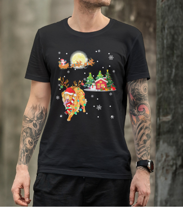 Golden Retriever Reindeer With Santa And Festive Christmas Scene T-Shirt