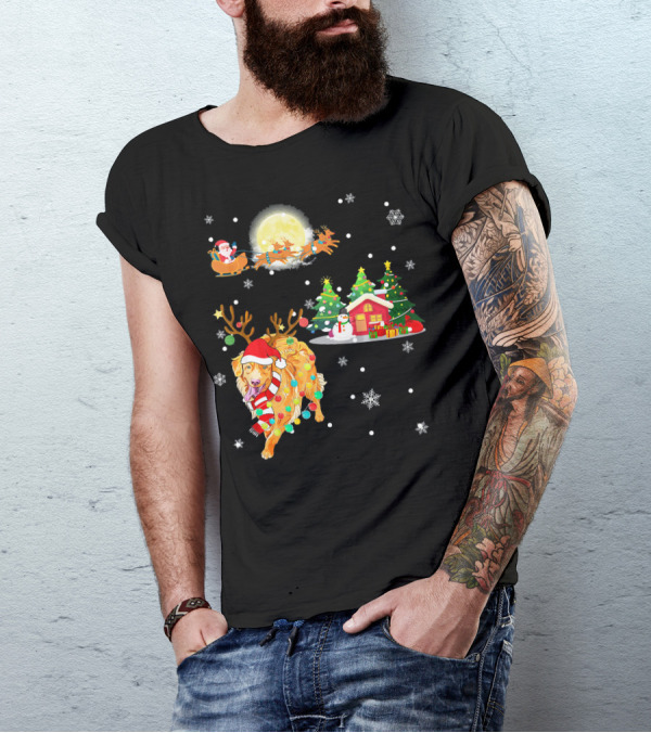 Golden Retriever Reindeer With Santa And Festive Christmas Scene T-Shirt