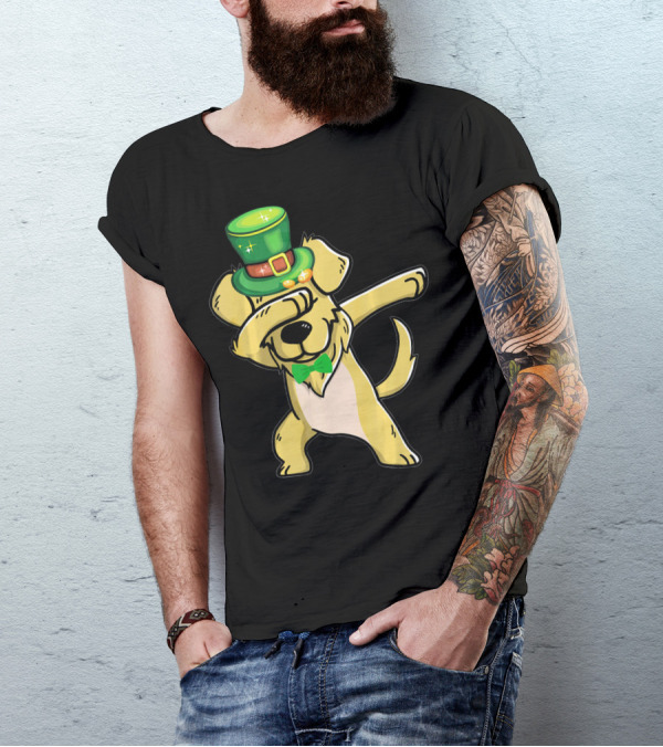 Dabbing Golden Retriever Shamrock St Pat’s Day Green Hat And Bow Tie T-Shirt