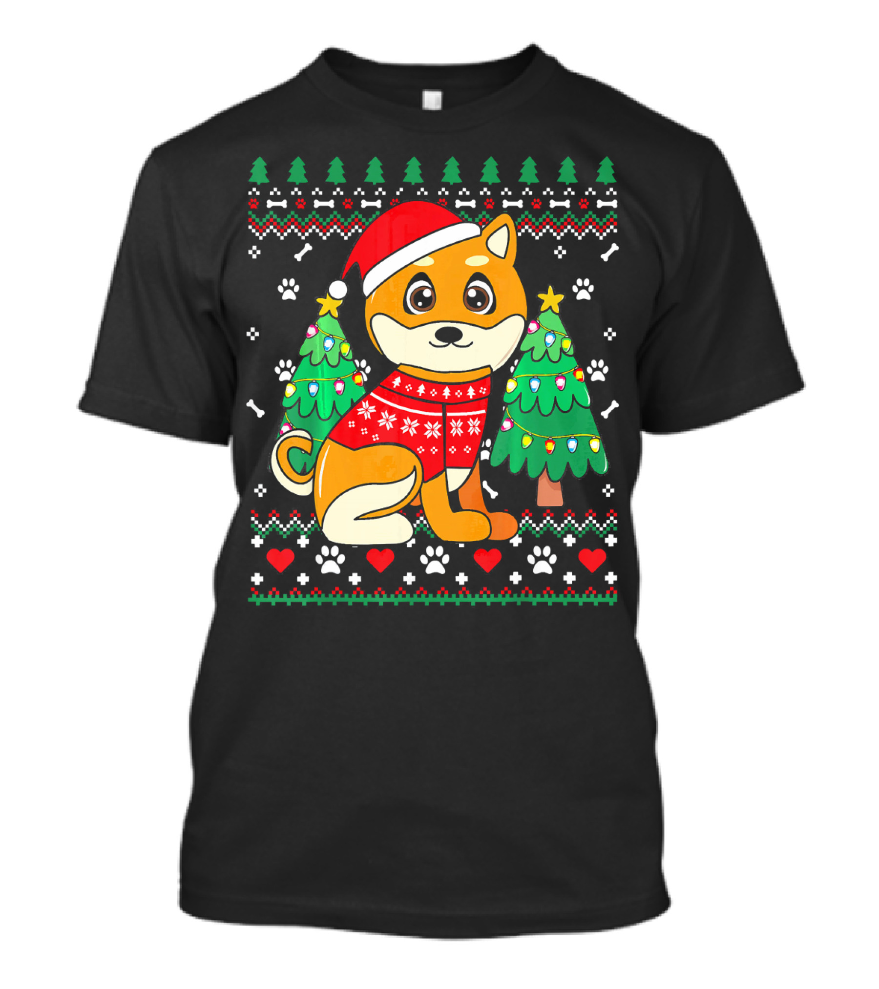 Akita Dog In Christmas Sweater With Ornament Trees Ugly Christmas T-Shirt