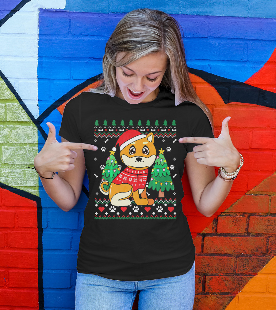 Akita Dog In Christmas Sweater With Ornament Trees Ugly Christmas T-Shirt