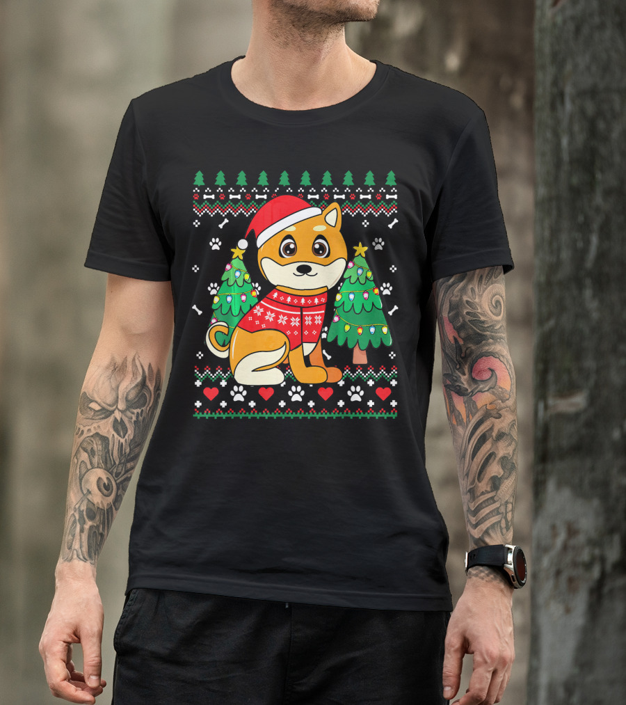 Akita Dog In Christmas Sweater With Ornament Trees Ugly Christmas T-Shirt