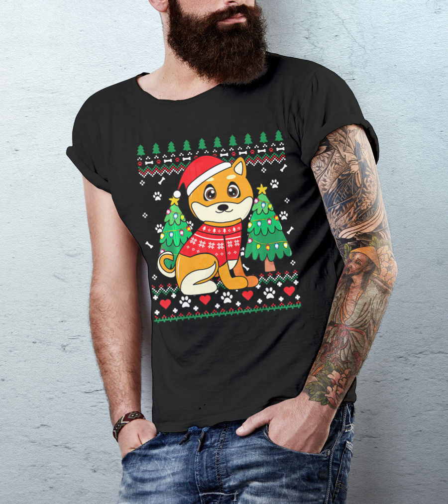 Akita Dog In Christmas Sweater With Ornament Trees Ugly Christmas T-Shirt