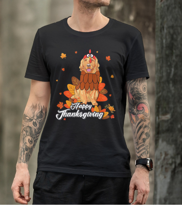 Happy Thanksgiving Golden Retriever Turkey Costume With Autumn Leaves T-Shirt