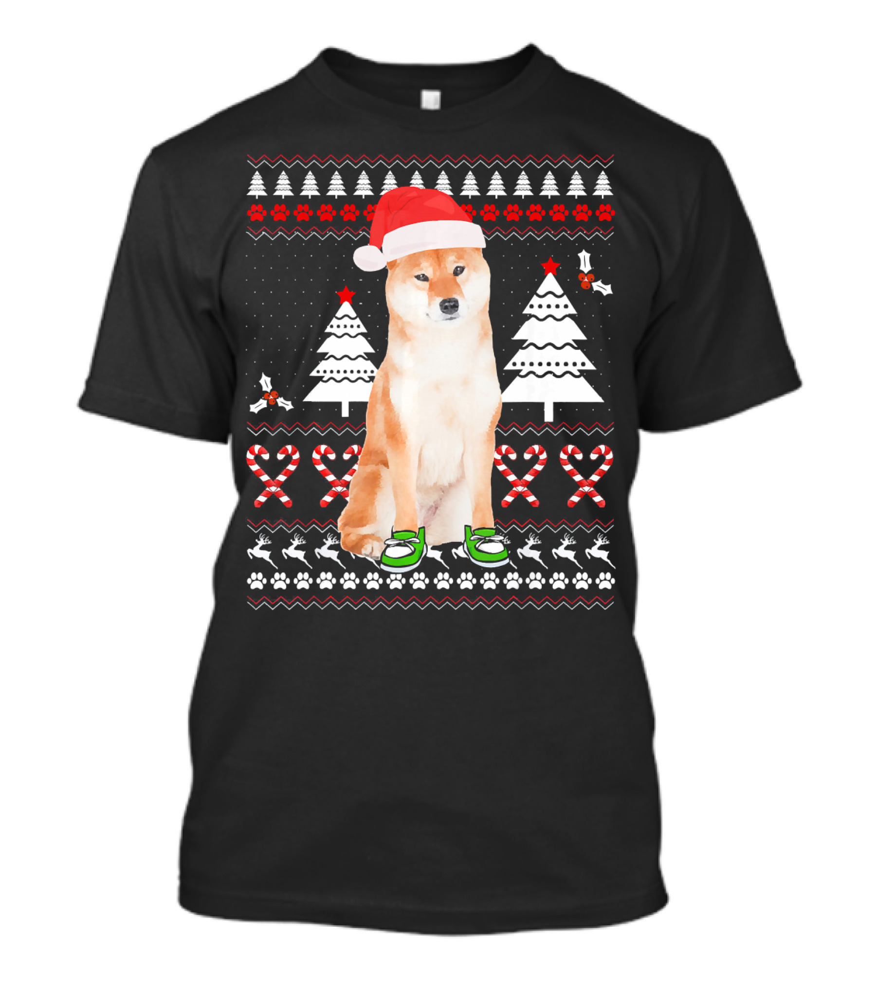 Akita Dog Ugly Christmas Sweater Santa Hat Candy Cane Paw Prints T-Shirt