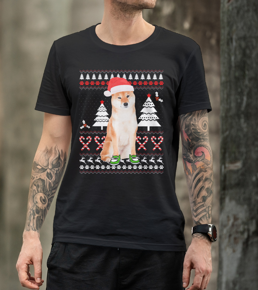 Akita Dog Ugly Christmas Sweater Santa Hat Candy Cane Paw Prints T-Shirt