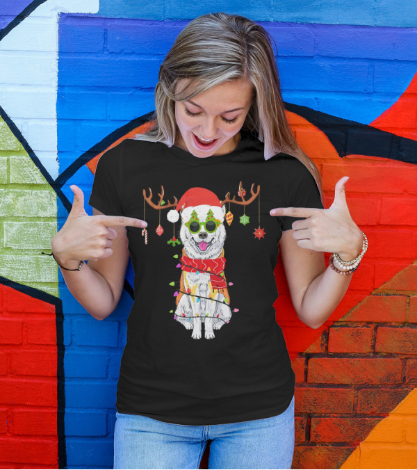 Christmas Akita Dog With Reindeer Antlers And Holiday Lights T-Shirt