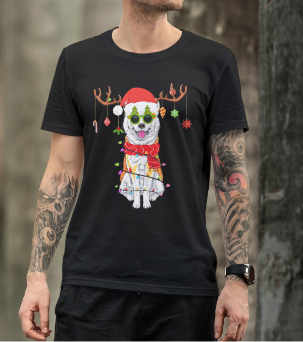 Christmas Akita Dog With Reindeer Antlers And Holiday Lights T-Shirt