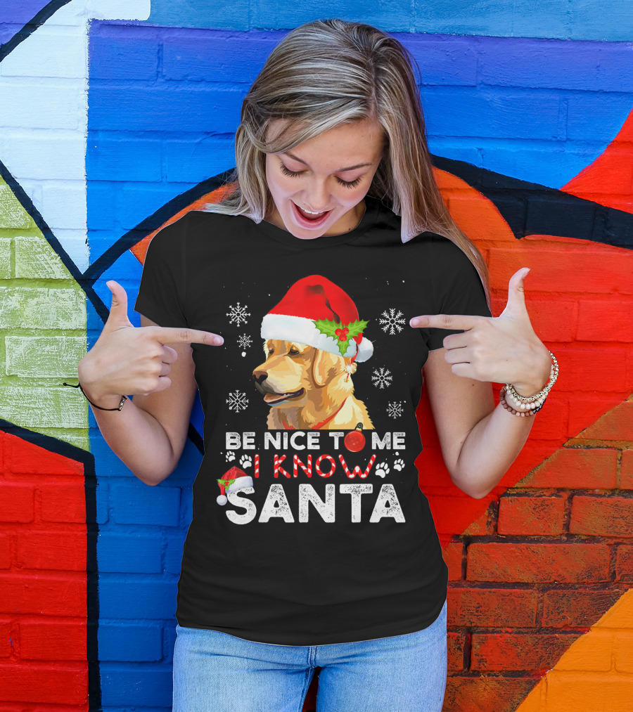 Be Nice To Me I Know Santa Golden Retriever With Santa Hat And Snowflakes T-Shirt
