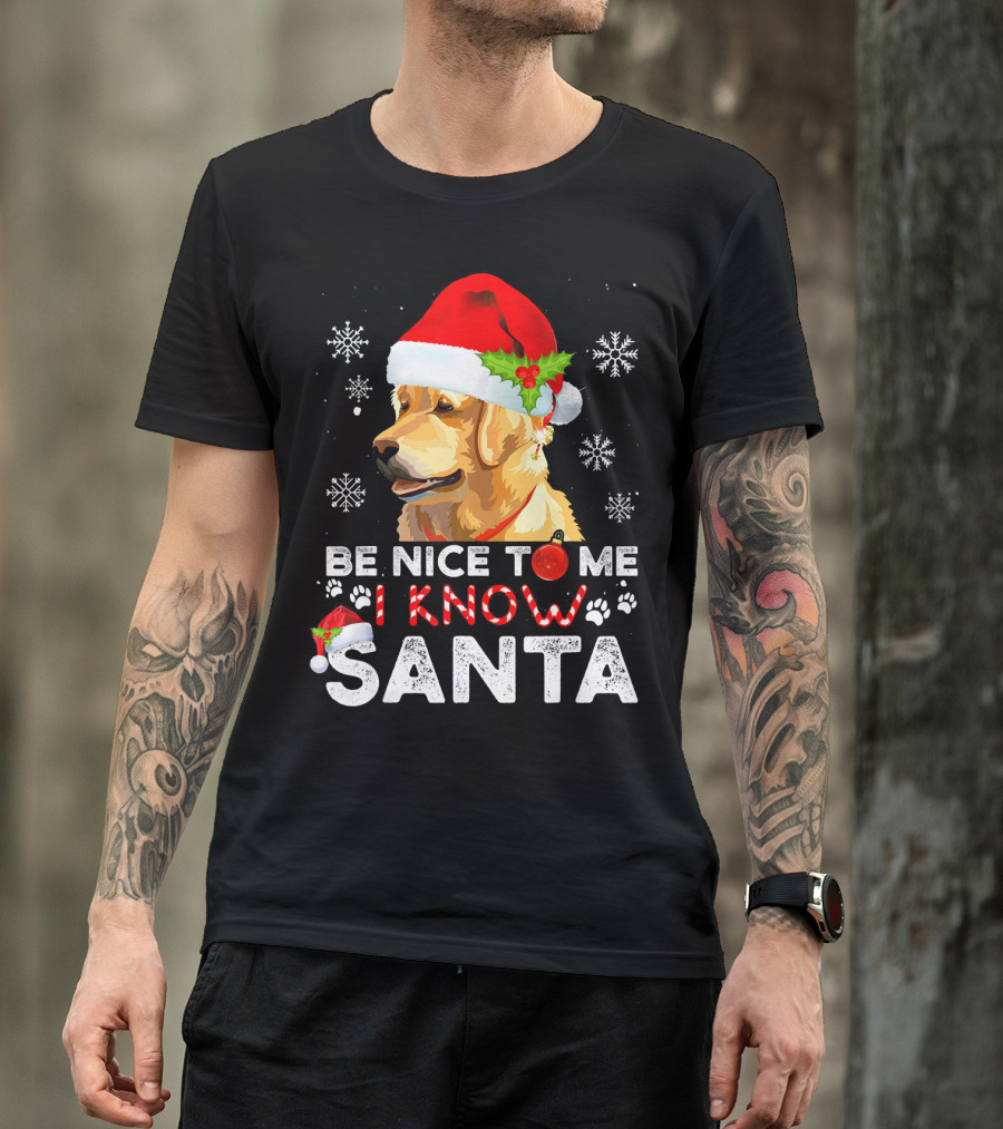 Be Nice To Me I Know Santa Golden Retriever With Santa Hat And Snowflakes T-Shirt
