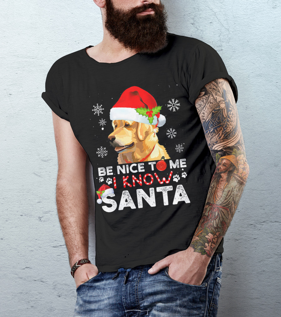 Be Nice To Me I Know Santa Golden Retriever With Santa Hat And Snowflakes T-Shirt