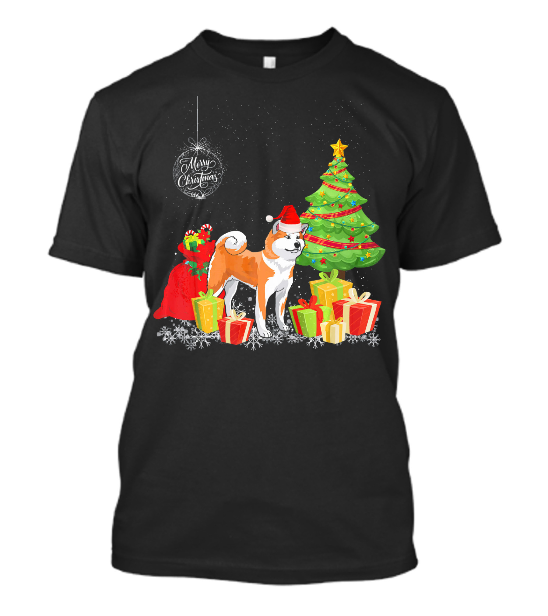 Merry Christmas Akita With Santa Hat And Presents Under Christmas Tree T-Shirt