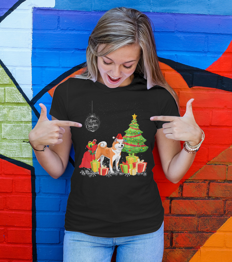 Merry Christmas Akita With Santa Hat And Presents Under Christmas Tree T-Shirt