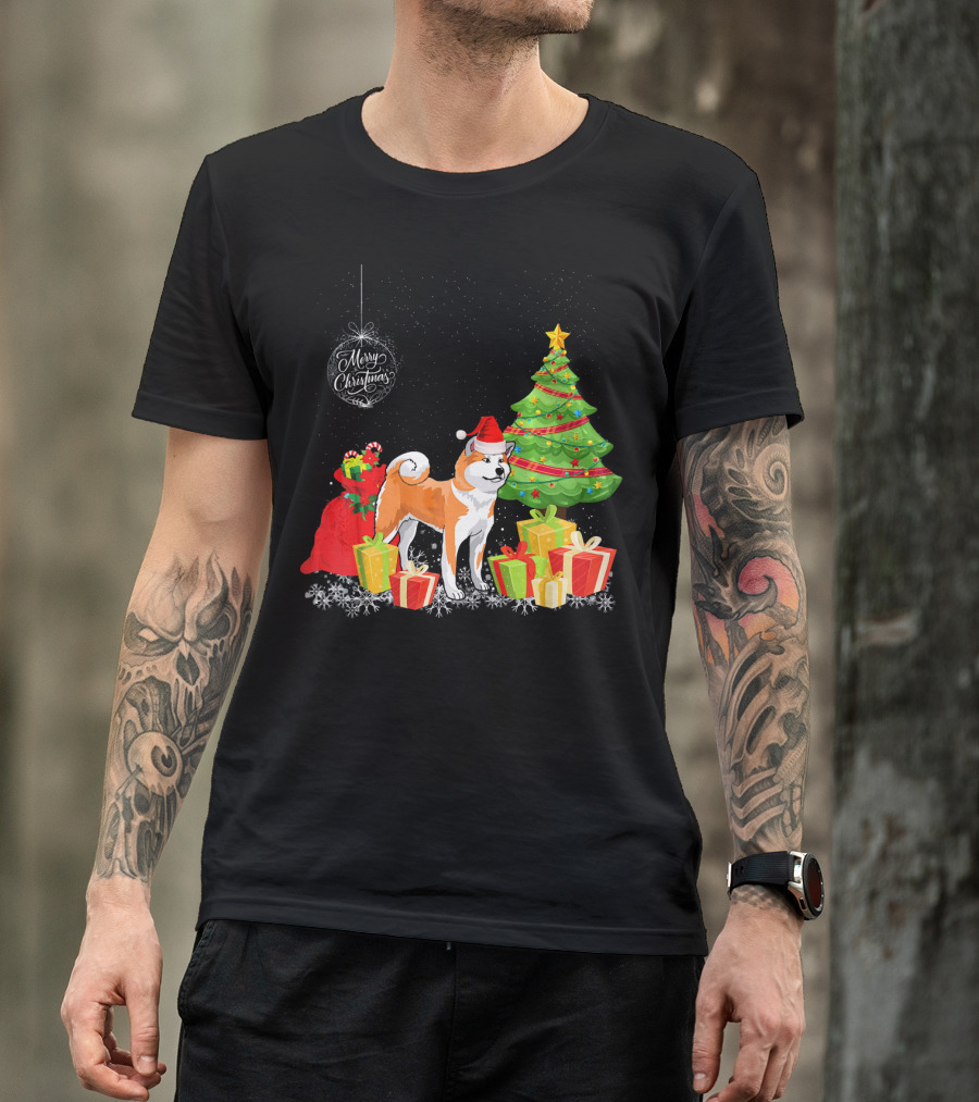 Merry Christmas Akita With Santa Hat And Presents Under Christmas Tree T-Shirt