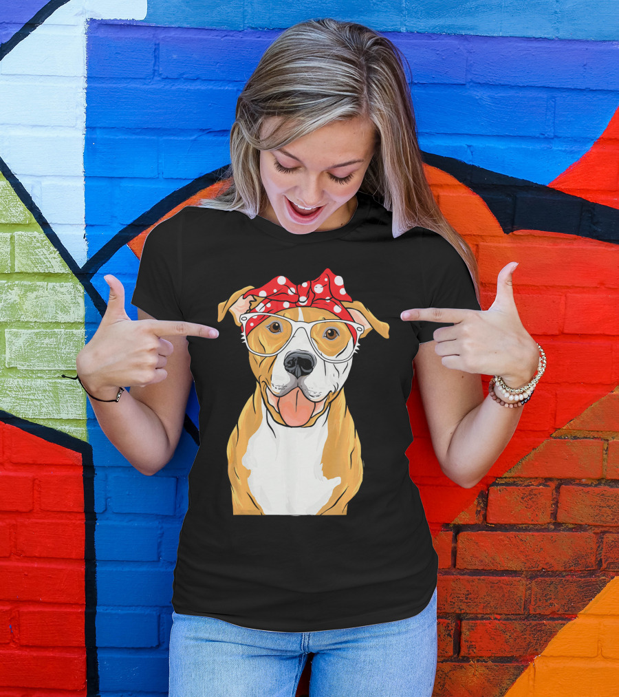 Brown Pitbull With Red Polka Dot Bandana And Glasses T-Shirt