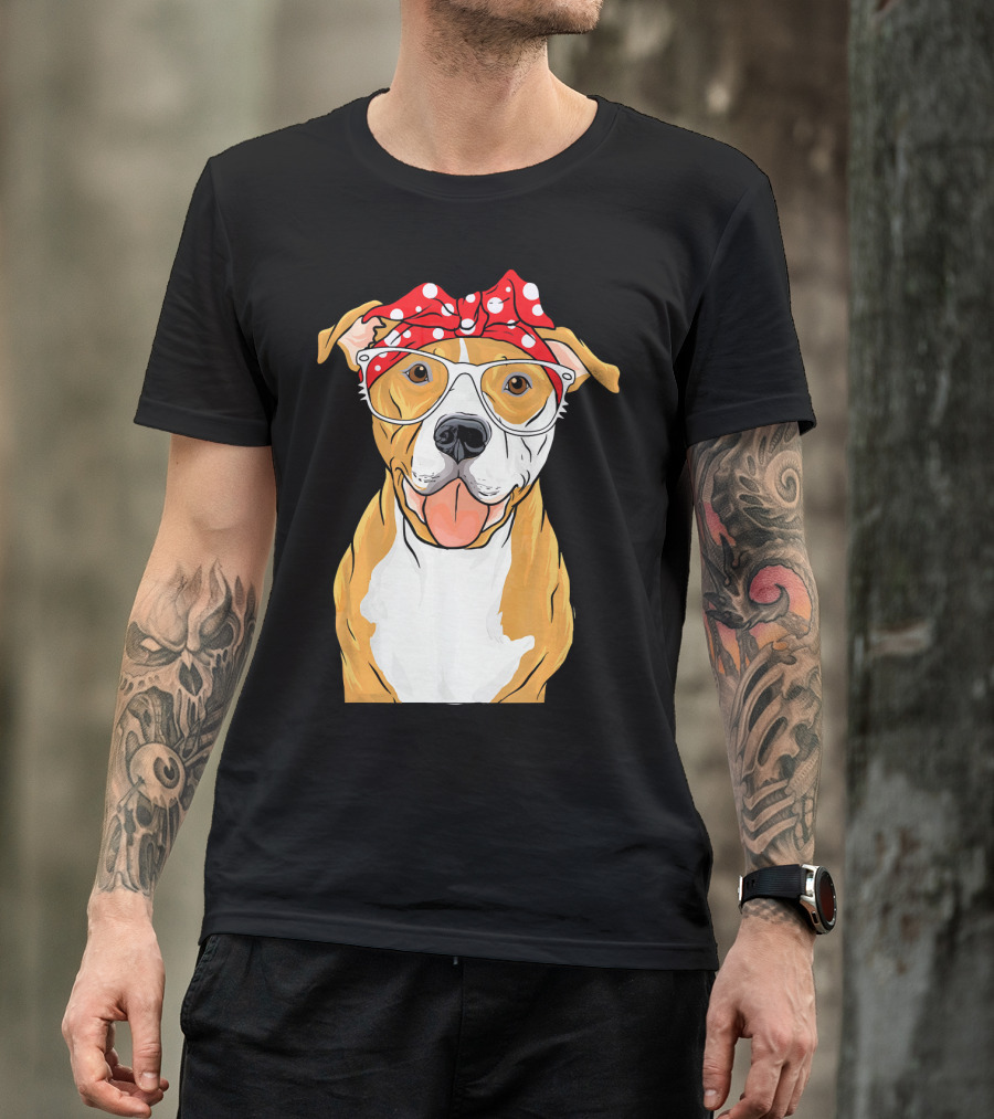 Brown Pitbull With Red Polka Dot Bandana And Glasses T-Shirt