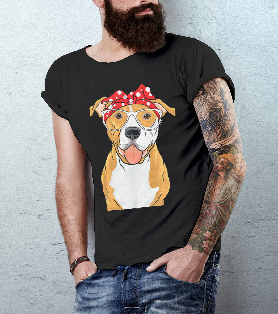 Brown Pitbull With Red Polka Dot Bandana And Glasses T-Shirt