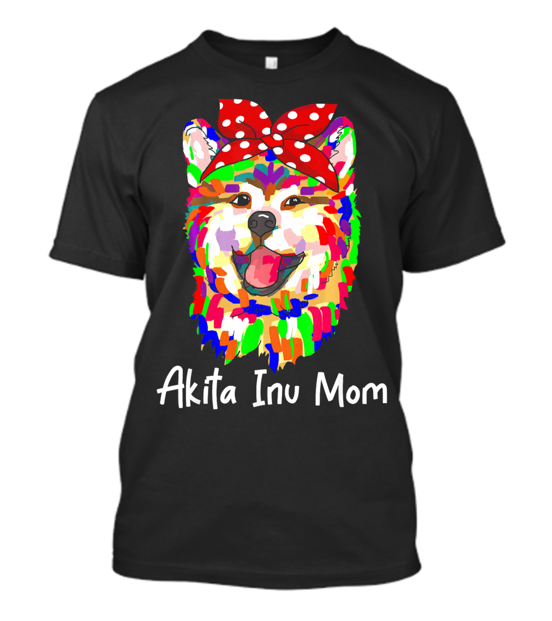 Akita Inu Mom Colorful Dog With Red Polka Dot Bow T-Shirt
