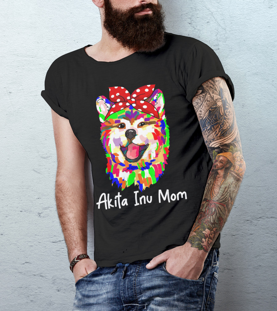 Akita Inu Mom Colorful Dog With Red Polka Dot Bow T-Shirt