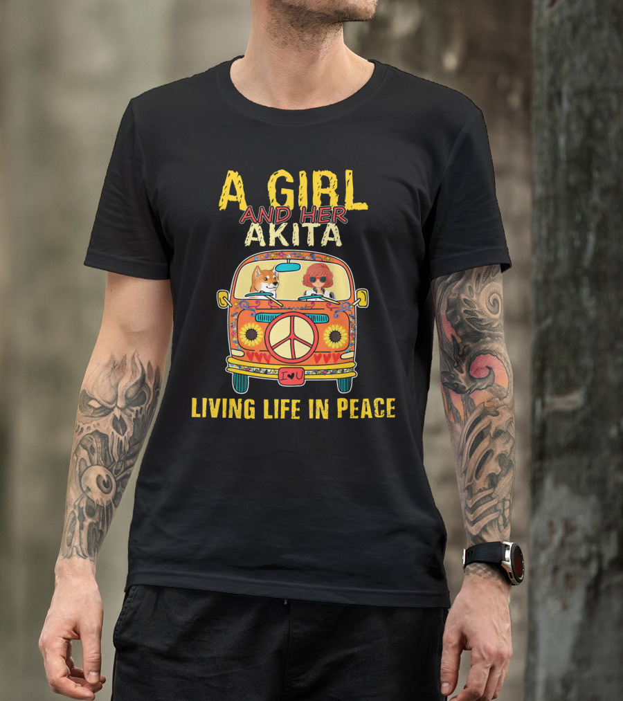 A Girl And Her Akita Living Life In Peace Vintage Van Adventure T-Shirt