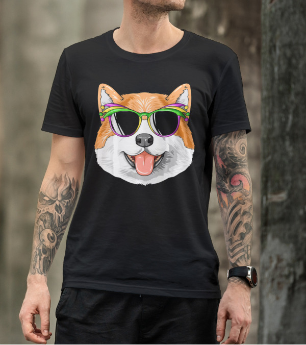 Akita Mardi Gras Carnival Dog With Colorful Mask And Glasses T-Shirt