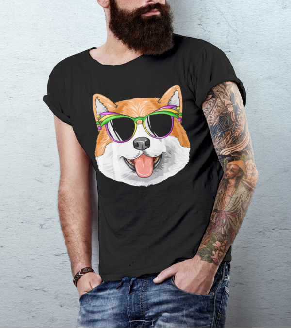 Akita Mardi Gras Carnival Dog With Colorful Mask And Glasses T-Shirt