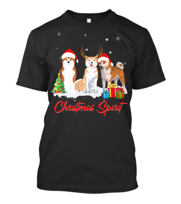 Christmas Spirit Akita Lover Festive Dogs With Santa Hats And Gifts T-Shirt