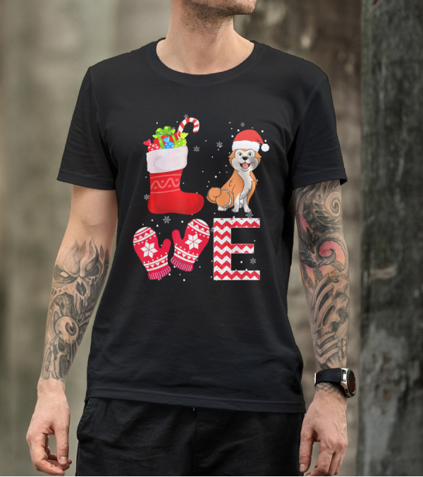 Christmas Akita Lover Dog Stocking Mittens Snowflakes T-Shirt