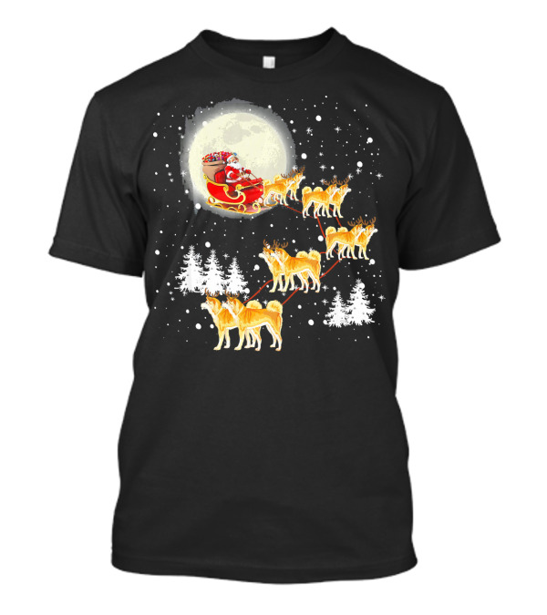 Santa Akita Inu Reindeer Sleigh Christmas Lights Snow Moon T-Shirt